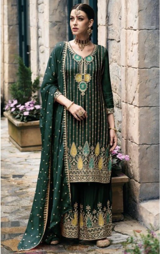 Green Chinon Embroidered Palazzo Suit
