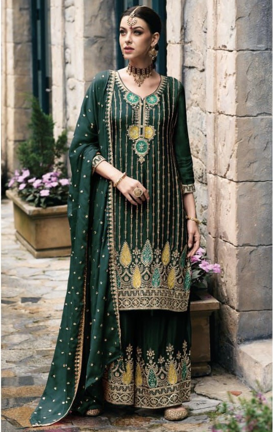 Green Chinon Embroidered Palazzo Suit - Salwar Kameez Designer Collection