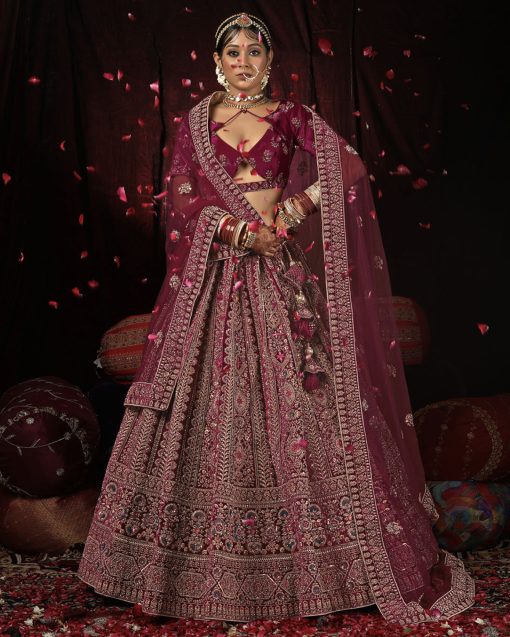 Wine Velvet Embroidered Bridal Lehenga Choli