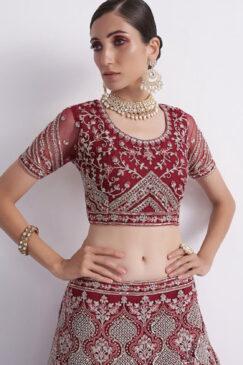 Alternative view of Cherry Red Net Bridal Lehenga Choli