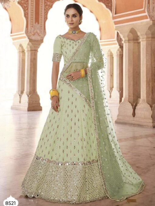 Pista Green Heavy Mirror Work Bridal Lehenga Choli