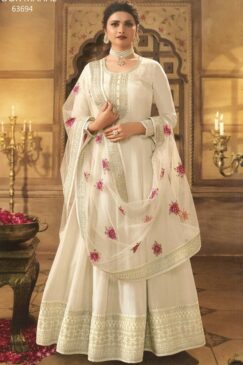 Off White Dola Silk Embroidered Anarkali Suit