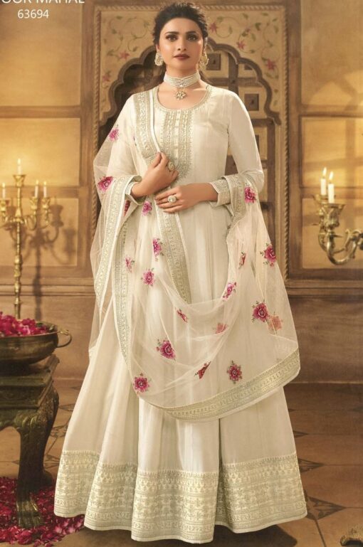Off White Dola Silk Embroidered Anarkali Suit
