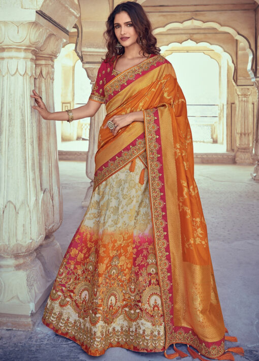 Multicoloured Silk Embroidered Bridal Lehenga Choli