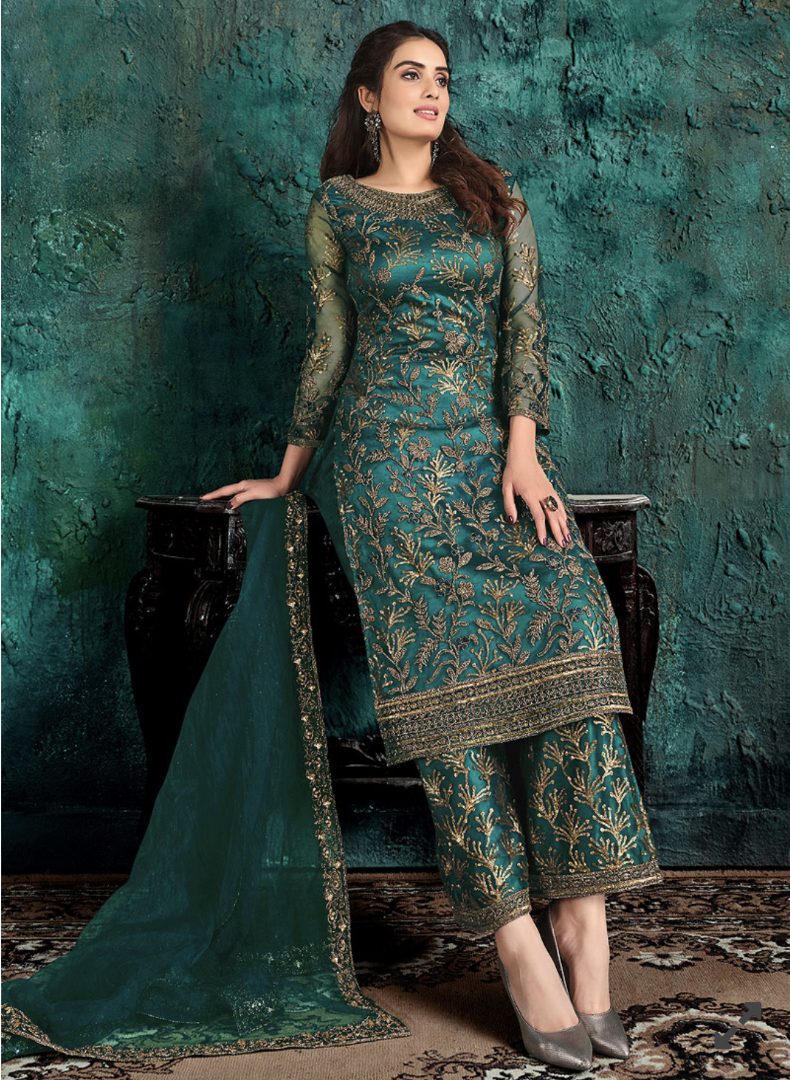 Peacock Blue Satin Net Pant Suit Salwar Kameez Designer Collection