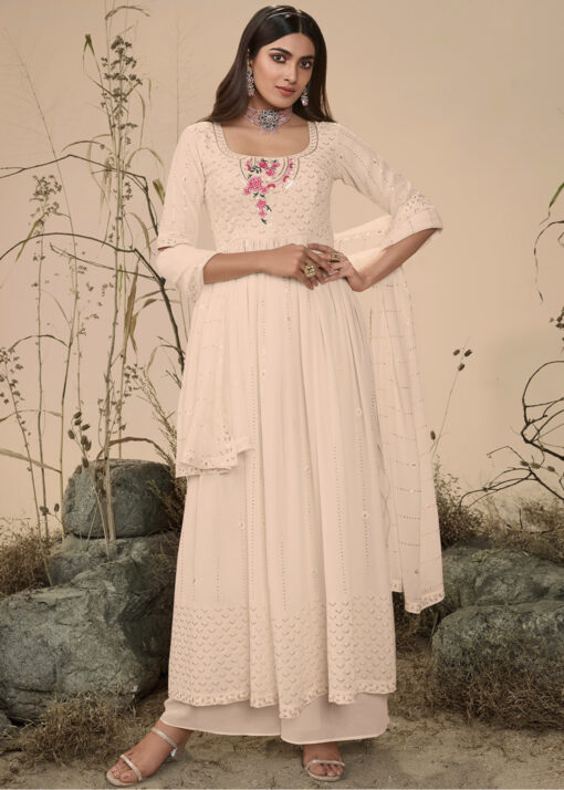 Off White Anarkali Style Embroidered Palazzo Suit