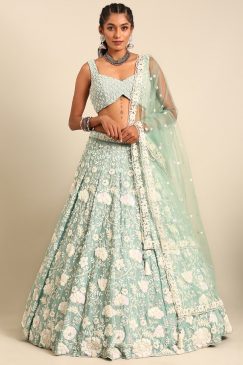 Sea Green Floral Embroidered Net Bridal Lehenga Choli