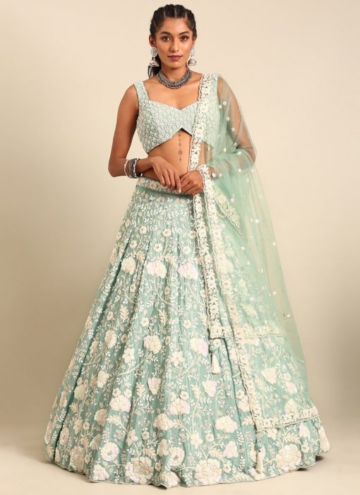 Sea Green Floral Embroidered Net Bridal Lehenga Choli
