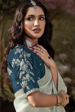 Alternative view of Pale Blue Embroidered Wedding Saree