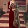 Maroon Velvet Embroidered Party Wear Palazzo Suit