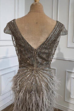 Alternative view of Feathered Plunge Neck Evening Dress