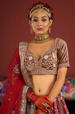 Alternative view of Ravishing Red Velvet Embroidered Bridal Lehenga Choli