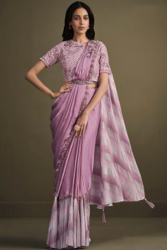 Pink Satin Silk Pre Pleated Designer Saree
