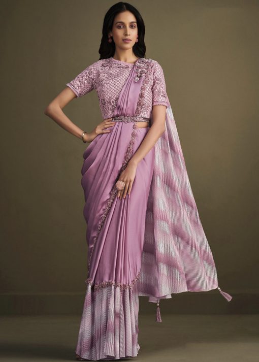 Pink Satin Silk Pre Pleated Designer Saree