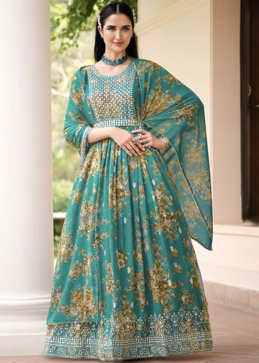 Turquoise Abaya Style Floral Printed Anarkali Suit Salwar Kameez Designer Collection