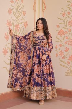 Designer Readymade Gown-Dupatta Collections in Silk Fabric in purple color