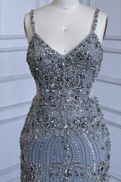 Alternative view of Grey Feathered Cut Out Embellished Evening Gown