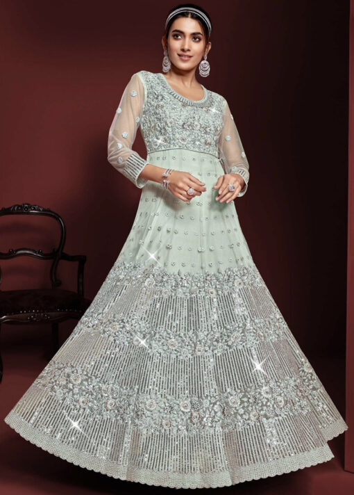 Sky Blue Embroidered Net Anarkali Suit