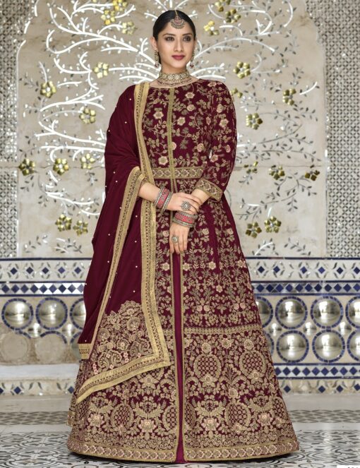 Red Velvet Embroidered Bridal Anarkali Style Lehenga