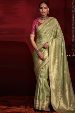 Olive Green Banarasi Silk Embroidered Wedding Saree