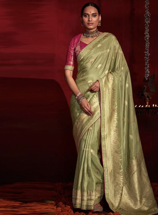 Olive Green Banarasi Silk Embroidered Wedding Saree