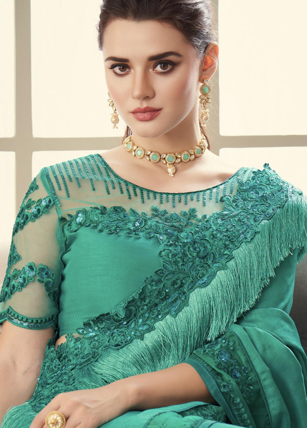 Turquoise Fancy Silk Saree With Fringe Detail - Sarees Designer Collection