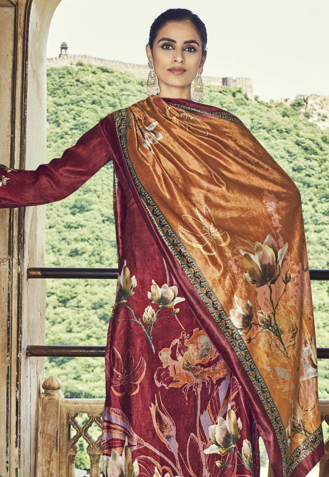 Magenta Velvet Straight Cut Pant Suit Salwar Kameez Designer Collection