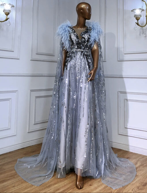 Feathered Cape Sleeve Beaded Evening Dress