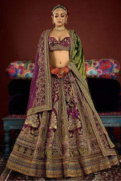 Royal Wine Velvet Embroidered Bridal Lehenga Choli