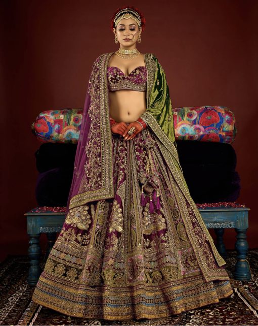 Royal Wine Velvet Embroidered Bridal Lehenga Choli