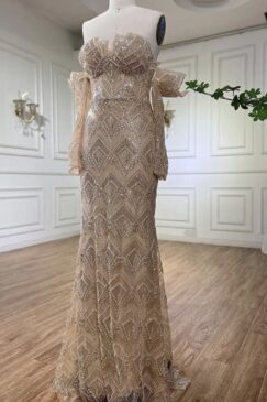 Champagne Off Shoulder Pearl Embellished Bridal Evening Gown