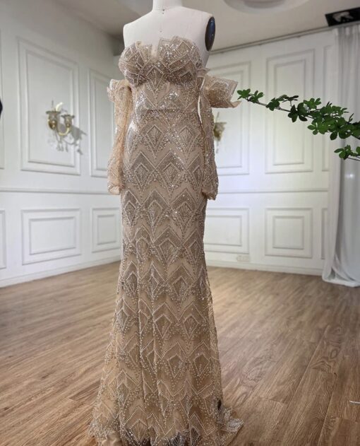 Champagne Off Shoulder Pearl Embellished Bridal Evening Gown