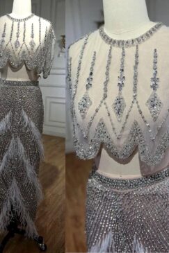 Alternative view of Luxury Nude Feathered Sequin Embellished Two Piece Evening Dress