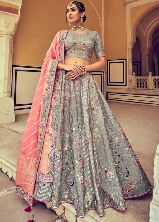 Grey Heavy Silk Lehenga Choli