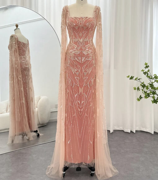 Luxury Cape Sleeve Crystal Embellished Arabic Evening Gown