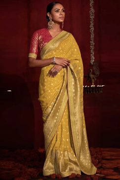 Mustard Banarasi Silk Embroidered Wedding Saree