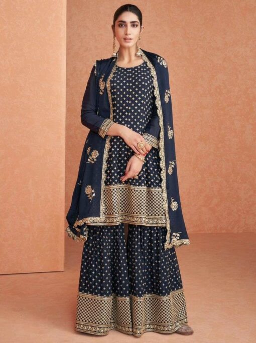 Dark Blue Faux Georgette Sharara Suit