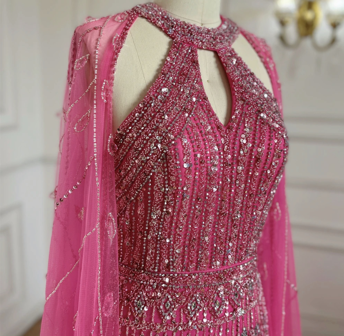 Cape Sleeve Halter Heavily Beaded Evening Dress - Evening Dresses, Made ...