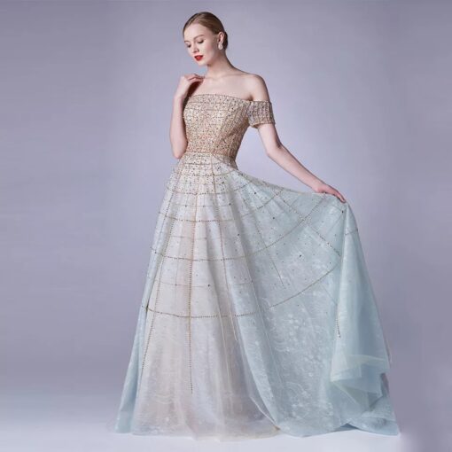 Silver Off The Shoulder Beaded Evening Gown Dress