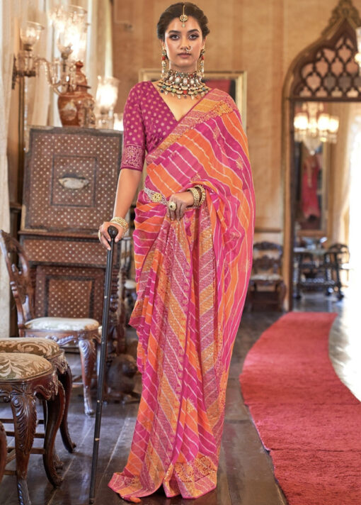 Pink Bandhej Style Georgette Saree