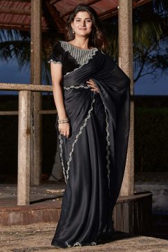 Black Satin Silk Chiffon Party Wear Saree
