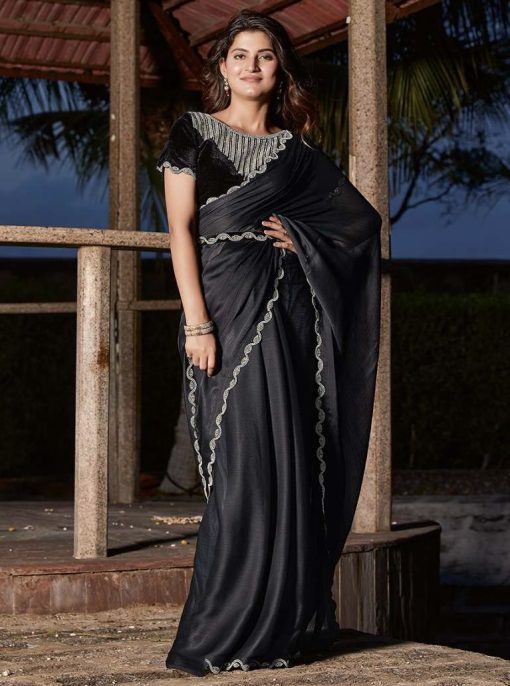 Black Satin Silk Chiffon Party Wear Saree