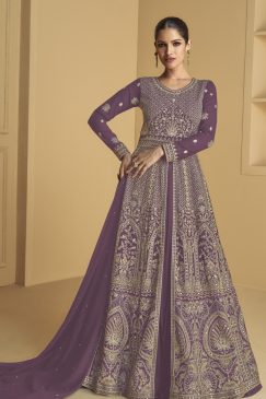 Purple Color Beautiful Anarakli Dress in Georgette Fabric