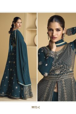 Alternative view of Rama Blue Color Beautiful Anarakli Dress in Georgette Fabric