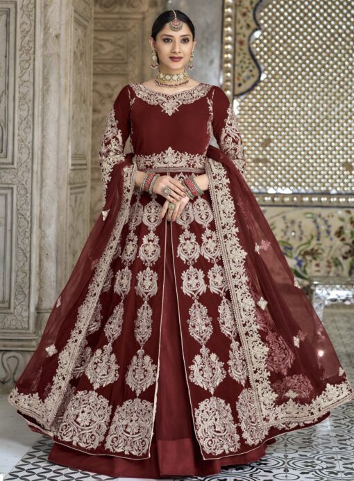 Red Velvet Front Slit Bridal Anarkali Style Lehenga