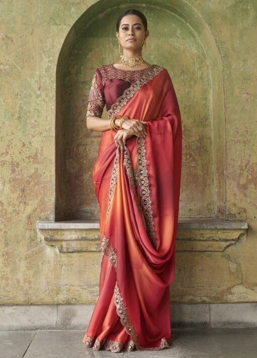 Red & Orange Tie Dye Satin Silk Party Wear Saree