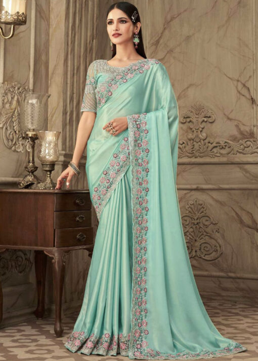 Pale Blue Fancy Silk Saree With Designer Blouse