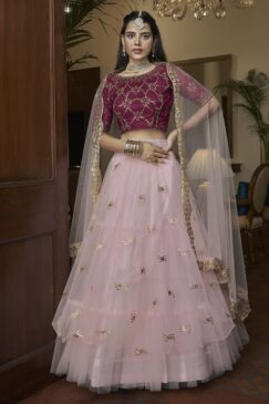 Pink Embroidered Net Party Wear Lehenga Choli