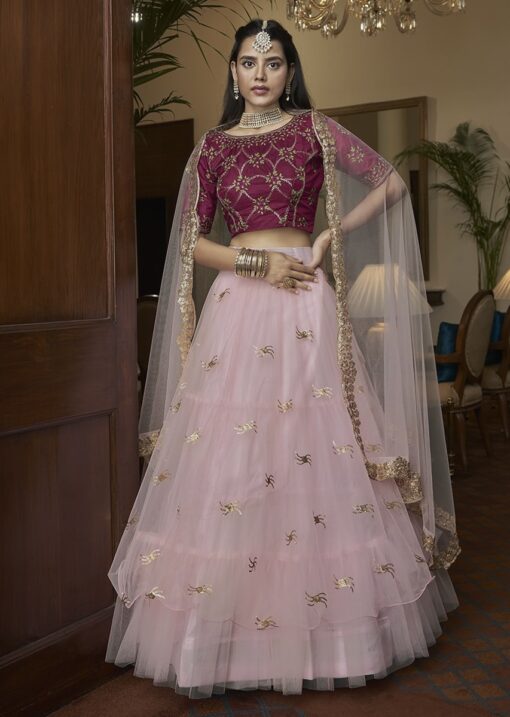 Pink Embroidered Net Party Wear Lehenga Choli
