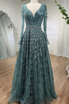V Neck Heavily Beaded Evening Dress